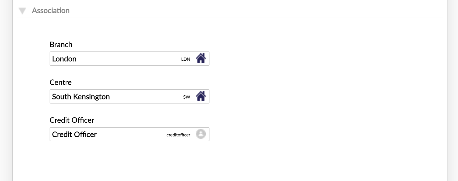 Create Group - Association section with Branch, Centre and Credit Office